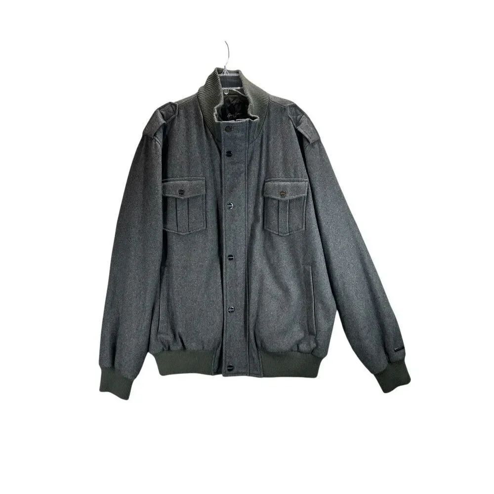 Sean John Gray Wool Blend Bomber Jacket Quilted Lining Utility Pockets XXL